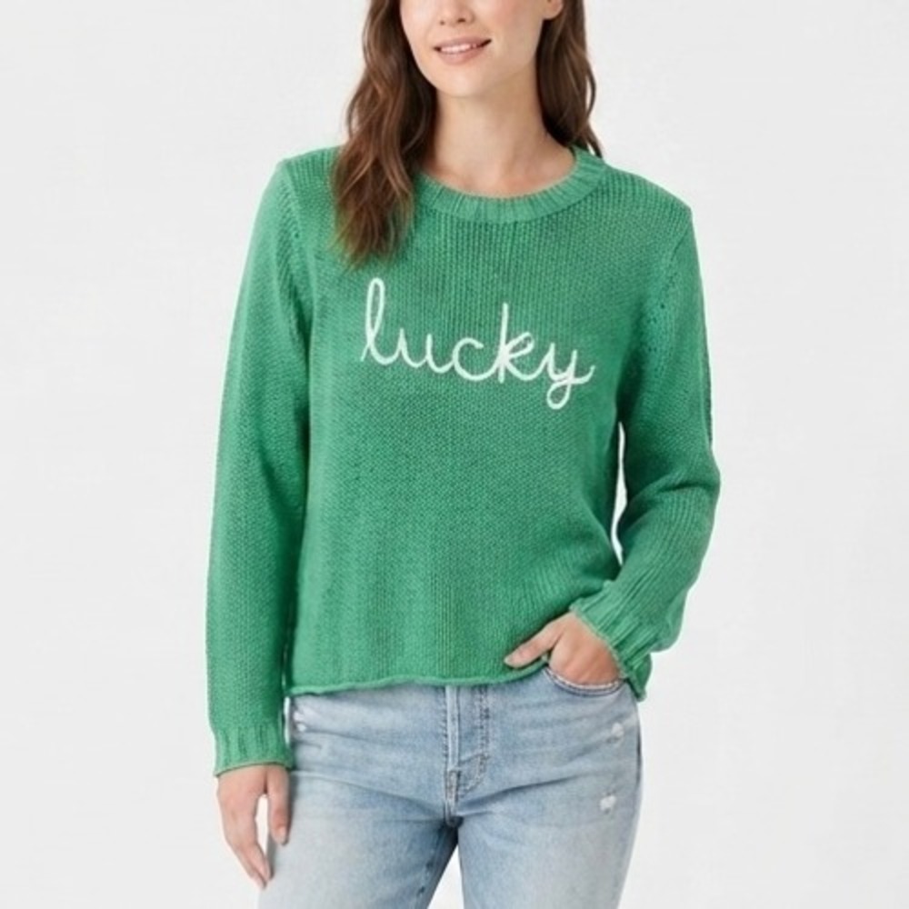 New Wooden Ships Lucky Embroidered Crew Cotton Sweater Sea Green Women Size XS